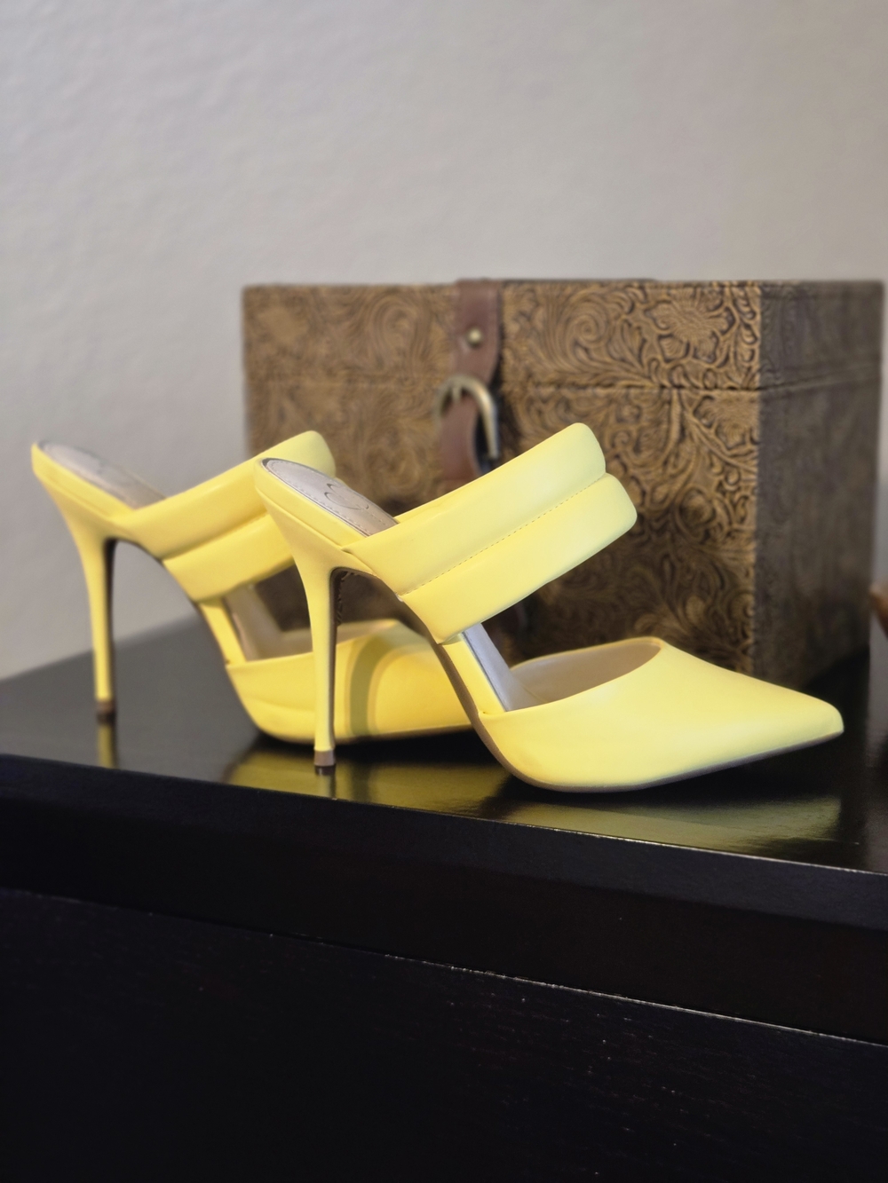 Yellow Pointed-Toe High Heel Mules